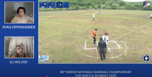 Screenshot of the 38th Senior National Baseball Championship as Broadcasted on DDA's Youtube channel. We can see 2 commentators on the left side and a main window with the baseball game being played on the ground