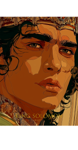 Illustrated portrait of King Solomon from 'Makeda: The Soul of Sheba' by Whitney April Bell, featuring a regal figure in ornate crown, embodying wisdom and intrigue in the viral novella.