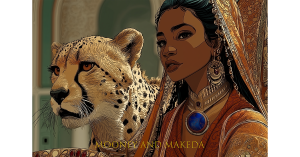 Illustrated portrait of Queen Makeda with her cheetah companion Mooney from 'Makeda: The Soul of Sheba' by Whitney April Bell, featuring a regal woman in ornate attire and jewelry standing beside the cheetah in a palace setting.