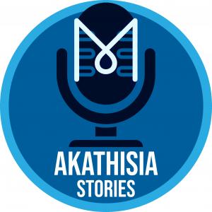 A microphone with MISSD's distinctive M represents the relaunced Akathisia Stories podcast