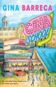 The image is a book cover for Gina School by Gina Barreca. The cover is colorful with illustrations including books and items to reflect students and learning. It's fun and funny.
