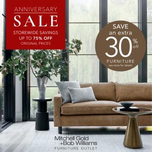 Vero Beach Outlets is proud to celebrate the one-year anniversary of the Mitchell Gold + Bob Williams Outlet reopening with a special Anniversary Sale running from Friday, October 3 through Sunday, November 16