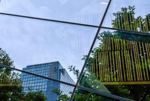 Reflection of a building in commercial glass.
