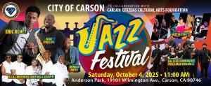 What: Carson Jazz Festival
When: Saturday, October 4, 2025
Time: 11:00 a.m.
Where: Anderson Park
19101 Wilmington Avenue
Carson, CA 90746
The City of Carson is proud to announce the highly anticipated 2025 Jazz Festival.
This year’s world-class line-up features Grammy-nominated headliner Eric Benét, known for his hit song “Spend My Life With You.” The day will also include sultry sounds from saxophonist Mike Phillips, the all-star band Jazz in Pink, Donald Hayes, B.I.G. (Brothers Igniting a Groove), and the CSUDH Jazz Ensemble. Carson’s Own Erin Blunt will be returning as the DJ.
Attendees will enjoy great music, an array of food, and a comfortable park atmosphere for the entire family. General admission is free to the public. VIP tickets are also available for $100 and typically sell out quickly.
For more information or questions, please call (310) 233-4840 or (310) 233-4870.