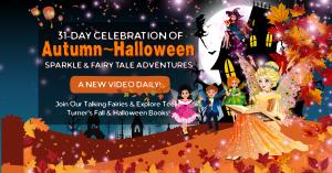 Animated fairy characters from Teelie Turner’s Autumn~Halloween Sparkle series gathered around a glowing pumpkin and lanterns in a cozy, leaf-strewn fairy garden scene.