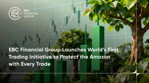 Gráficos de velas verdes en 3D se elevan entre los árboles del bosque con gráficos financieros en el cielo, simbolizando la campaña LATAM de EBC Financial Group que vincula el trading con la protección de la selva amazónica. - EBC
