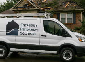 Emergency Restoration Solutions Van in front of damaged home