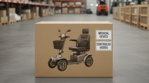 Box containing a mobility scooter labelled as medical device and controlled goods
