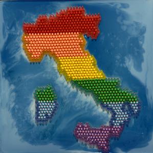 Color artwork by Facundo Yebne titled Italia in Pace representing the Italian flag and the theme of harmony and renewal within The Sublime Essence of Light and Darkness installation