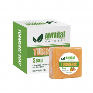 AMVital Turmeric + Kojic Acid Soap Bar product photo showcasing the natural, skin-brightening formula that contributes to the brand’s Gold Star Seller recognition on TikTok Shop.