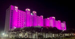 Resort with pink lights on it.