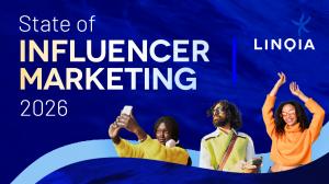 The cover of Linqia's 2026 State of Influencer Marketing report. It has a blue sea background and images of three influencers.