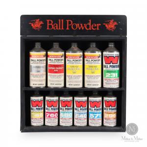 Circa 1970 Winchester Ball Powder store display, made from wood and paperboard, measuring 22 inches by 20 ½ inches, with double shelves. Containers are empty. Estimate: CA$450-$550.