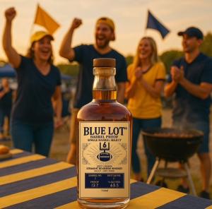 Blue Lot Barrel Proof bottle beside a cooler and grill at a football tailgate.