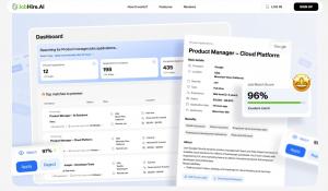AI job search dashboard with job match scores and product manager listings.