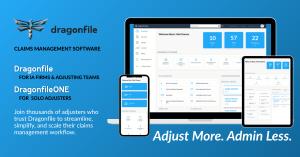 Dragonfile gives adjusters a powerful claims management software platform shown on desktop, tablet, and mobile, with DragonfileONE designed for solo and independent adjusters managing flood and P&C claims.