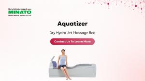 Close-up of the Aquatizer Dry Hydro Jet Massage Bed in a showroom, showcasing MINATO Medical Science’s patient-centric design and precision engineering: contoured mattress, touch display, adjustable zones and water-jet therapy in use to optimise comfort and outcomes 3D.
