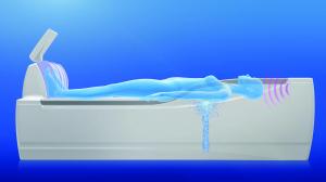 MINATO Aquatizer dry hydro jet massage bed featuring automated head detection sensor and four adjustable water jet nozzles