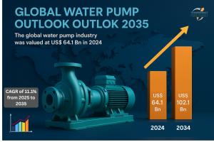 Global Water Pump Market Outlook 2035 The global water pump market is estimated to grow at a CAGR of 4.3% from 2025 to 2035 and expected to reach US$ 102.1 Bn by the end of 2035