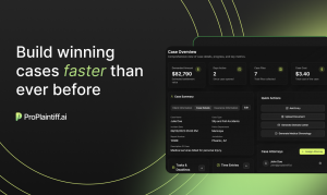 ProPlaintiff V3 Displayed overtop text "build winning cases faster than ever before. A text box lied underneath stating "let's get started. How can I help?"
