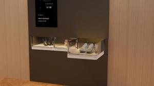 Front view of the Airet S7 Prestige, a tall, sleek smart shoe management system with a digital display on the door and an illuminated interior showcasing shoes.