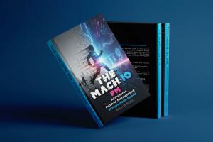 The MACH-10 PM hardcover book by Jason M. Riggs on a blue background — Amazon #1 bestseller in business leadership and AI-powered product management.