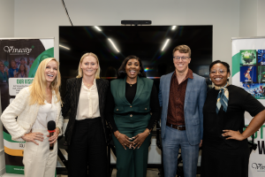 Rose Biedron, Co-Founder and CEO of House Call The App, poses with other speakers and moderator during the United Nations General Assembly 2025 Vivacity Side Event on “The Future of Work” in New York City.