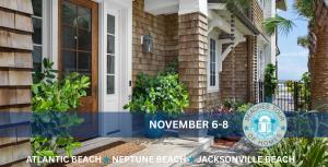 Experience Coastal Charm and Creative Design at the 8th Annual Beaches Tour of Homes coastal shaker home entry with landscape and ocean glimpse through gates and tour logo with atlantic neptune and jacksonville beach
