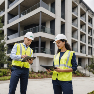 Enhancing Construction and Facility Inspection Management Through Digital Transformation Construction supervisor using a digital inspection app on-site to record safety checks, manage risk assessments, and track project compliance.