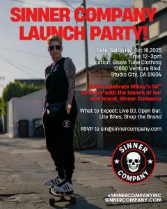 Sinner Company launch invite Oct. 18, 2025 at Gisele Tune Clothing in Studio City