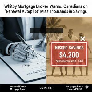 A split image depicting a robot hand signing a mortgage renewal document on the left, symbolizing 'renewal autopilot.' On the right, a family enjoying a beach vacation is partially obscured by a large red overlay indicating '$4,200 in missed savings,' rep
