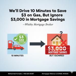 A contrasting image showing saving $3 at a gas pump on the left, and on the right, a large glowing digital sign over a house showing '$3,000 in overlooked mortgage renewal savings.' This visually represents the common financial blind spot in the housing m