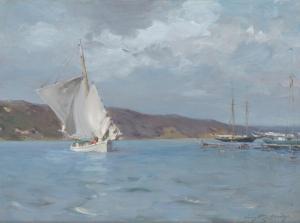 Oil on canvas by Irving Ramsay Wiles (American, 1861-1948), titled The White Sloop (Peconic Bay) (1907), 20 ½ inches by 28 inches. Estimate: $50,000 - $75,000