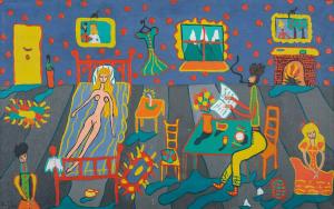 Oil on canvas by Peegen Vail Guggenhweim (Swiss/American, 1925-1967), titled Interior (1945), 20 inches by 32 inches. Estimate $40,000-60,000