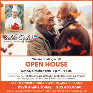 Flyer for Walden Circle Retirement Community Fall Open House with an image of a happy senior couple and Chef Bertie.