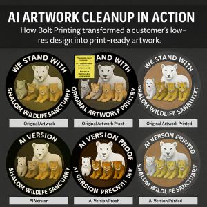 When Shalom Wildlife Sanctuary reached out to Bolt Printing with a logo file that was too low quality to print cleanly, Bolt’s art team faced a common challenge Side-by-side comparison showing original and AI-enhanced versions of a wildlife sanctuary design through artwork, proof, and printed stages.