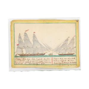 Marine watercolor and ink by famed folk artist Captain Alexander McNeilledge (1791-1874), painted in 1859, small at just 5 ½ inches by 7 ½ inches, minus the frame (CA$24,780).