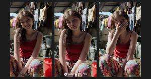 A three-panel image of Mikaela Tala, a hyper-realistic AI influencer, sitting in a sunlit Filipino-style backyard with a clothesline behind her.