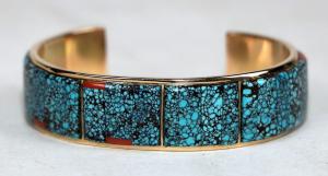 Masterpiece 14kt gold and spiderweb turquoise bracelet designed and created by master Navajo jewelry craftsman Tom Willeto of Laguna, N.M. several decades ago. Estimate: $4,000-$10,000.