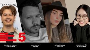 Four international finalists of the 2025 Real Leather. Stay Different. International Student Design Competition. From left to right: Jamie Unlu O’Grady (UK) – SubTraction; Islam Nashef (Israel) – Shields; Sara Morandini (Italy) – Ombrage; and Lan Anh Nguy