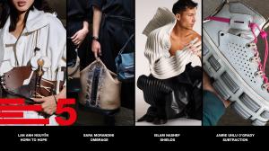 Four winning designs from the 2025 Real Leather. Stay Different. International Student Design Competition. From left to right: "Horn to Hope" by Lan Anh Nguyễn (Vietnam) featuring a sculptural leather accessory inspired by rhinos and orchids; "Ombrage" by