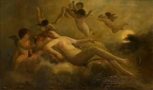 Original oil paintings by American artists Astley Cooper (1856-1924) and Clementine Hunter (1887-1988); a kinetic wall sculpture by Lin Emery (La Original oil painting by Astley Cooper (American, 1856-1924), titled Seduction of Danae, circa 1885-1890. Estimate: $10,000-$20,000