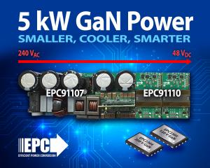 Efficient Power Conversion Corporation (EPC), the world leader in enhancement-mode gallium nitride (eGaN®) power devices announced the availability of a high-efficiency, high-power-density 5 kW AC-to-48 V DC reference design that demonstrates the full potential of gallium nitride (GaN) technology for next-generation server and AI power architectures AC-DC PR Graphic