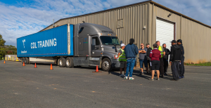 blue container truck