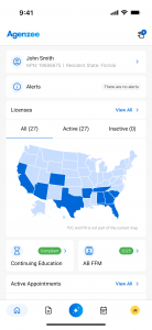 Agenzee for Solo Producers mobile app dashboard displaying insurance license compliance tracking, automated renewal notifications, and multi-state license management interface on smartphone.