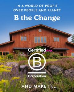 Photo of the front of the Badger building with blue sky and wildflowers in the foreground. Text overlay on image states "In a world of profit over people and planet, B the Change (certified B Corp logo) and make it...