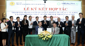 The signing ceremony was held at the National Health Information Center (NHIC) in Hanoi, Vietnam, between Director Dr. Do Truong Duy of the NHIC (right, sitting) and Dr. Ricardo Baptista Leite, CEO of HealthAI (left, sitting). Dr. Vu Manh Ha, Alternate Me