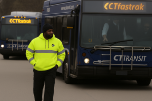 CT Transit employee wearing a high-visibility yellow hoodie walks confidently in front of blue CTfastrak buses, showcasing updated safety apparel designed for comfort and visibility.