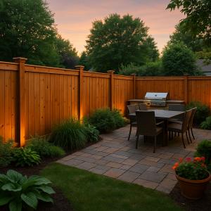 Realistic photo of a cedar privacy fence surrounding an outdoor patio with warm lighting and greenery in Southeast Louisiana, designed by Tony’s Fencing and Iron Works.