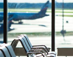 Elite Bird Management is expanding its specialized bird control services to now support airports, train stations, bus terminals, and other high-traffic transportation hubs Chair in an airport next to a window with an airplane.